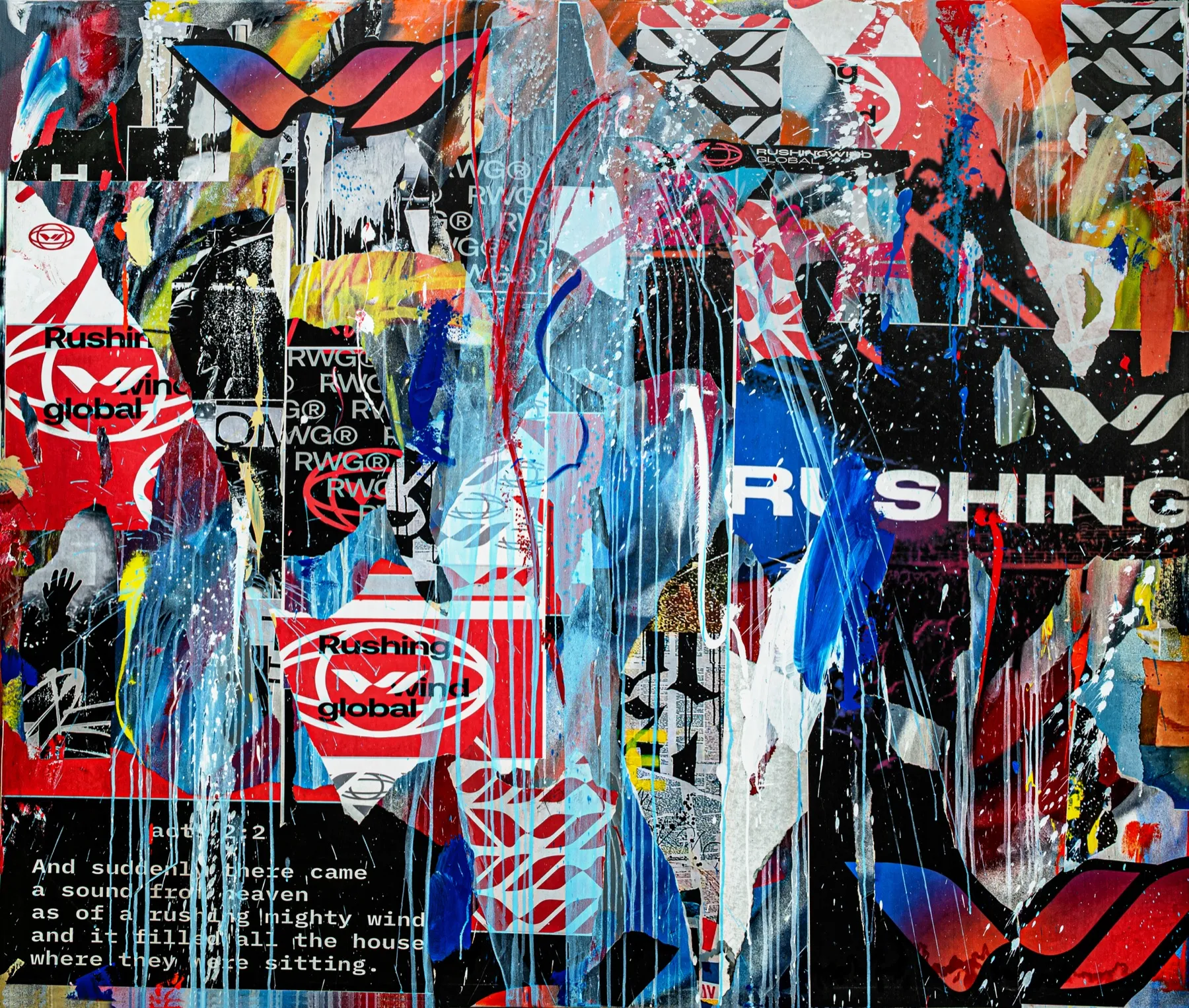 Obra urbana con la palabra «Rushing», sellos de Rushing Wind Global y la cita bíblica de Hechos 2:2.