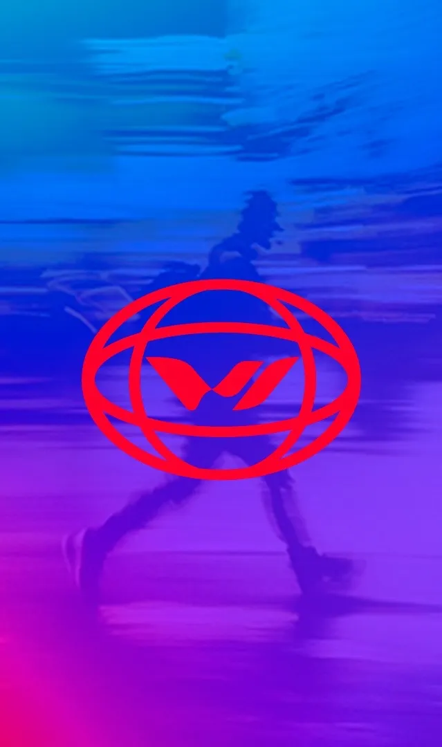 Emblema global de Rushing Wind sobre una fotografía de movimiento en azul y magenta.