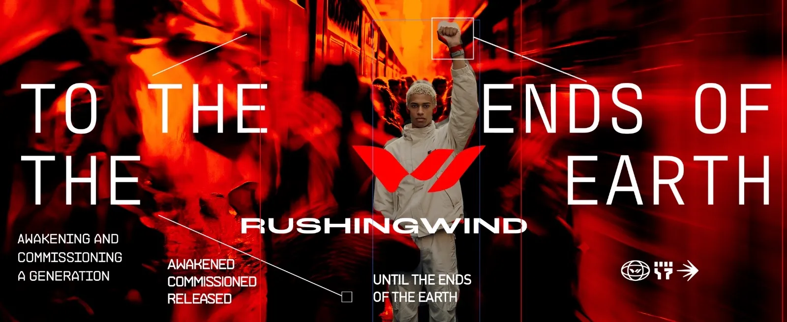 Composición gráfica de Rushing Wind con la frase «To the ends of the earth» sobre una calle en movimiento.